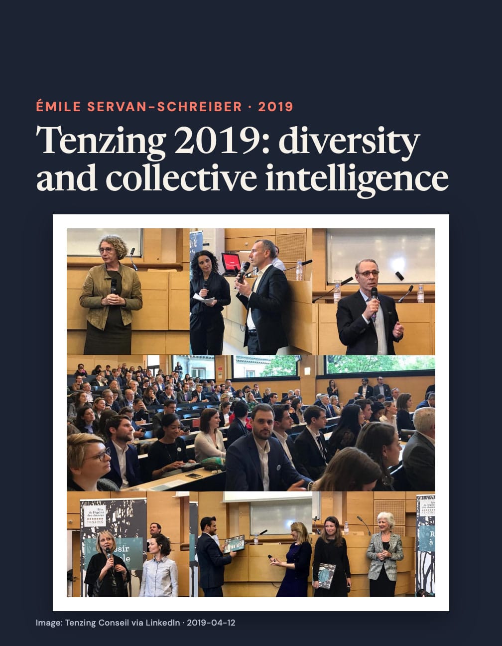 Navy card headed “Tenzing 2019: diversity and collective intelligence” above a photo collage of microphone-holding speakers, a lecture-hall audience and people presenting awards.