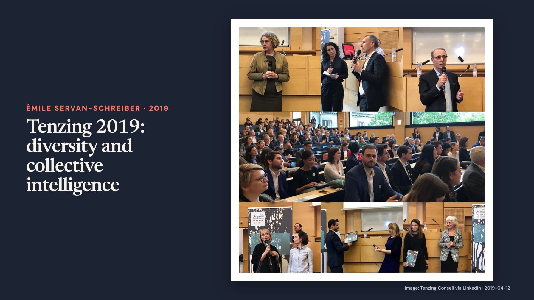 Navy cover headed “Tenzing 2019: diversity and collective intelligence” beside a photo collage of microphone-holding speakers, a lecture-hall audience and people presenting awards.