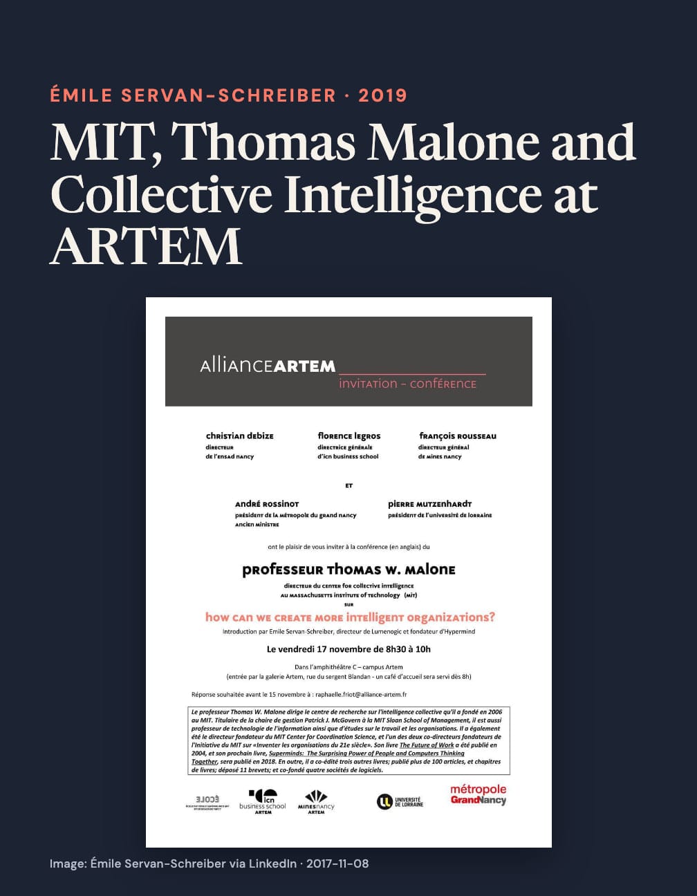 “MIT, Thomas Malone and Collective Intelligence at ARTEM” appears above an Alliance ARTEM invitation naming Thomas W. Malone and the talk “How can we create more intelligent organizations?”, on Friday 17 November, 8:30–10:00.