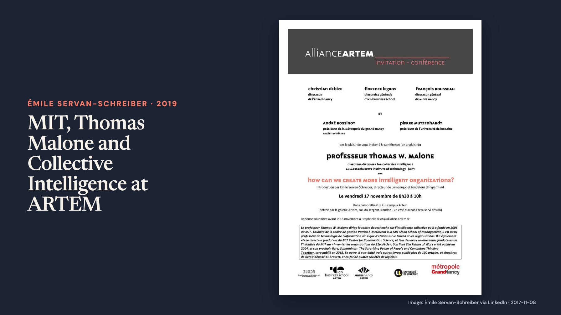 “MIT, Thomas Malone and Collective Intelligence at ARTEM” sits beside an Alliance ARTEM invitation naming Thomas W. Malone and the talk “How can we create more intelligent organizations?”, on Friday 17 November, 8:30–10:00.