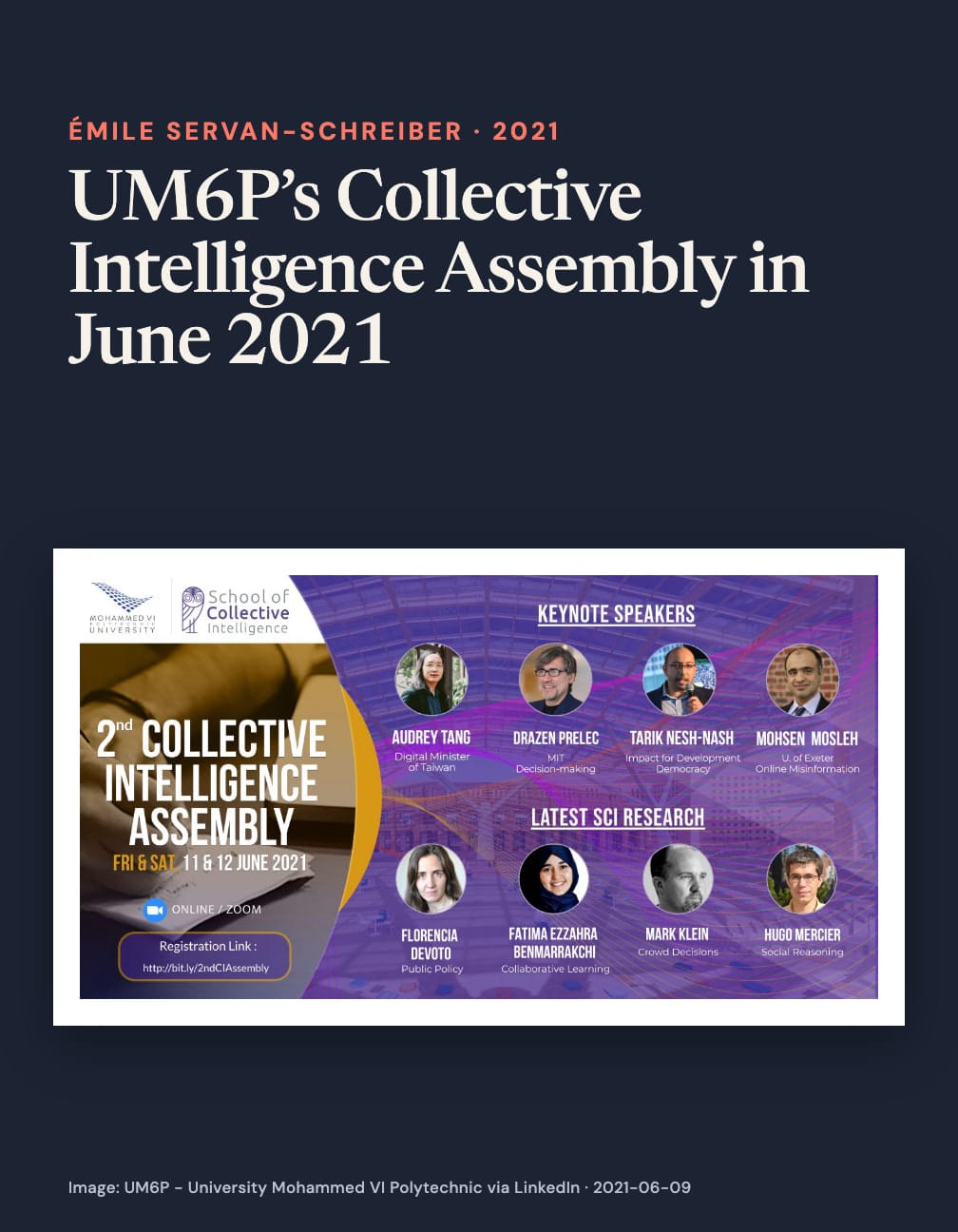 “UM6P’s Collective Intelligence Assembly in June 2021” above a purple poster for the 2nd Collective Intelligence Assembly, online via Zoom on 11–12 June 2021, with eight speaker headshots on navy.