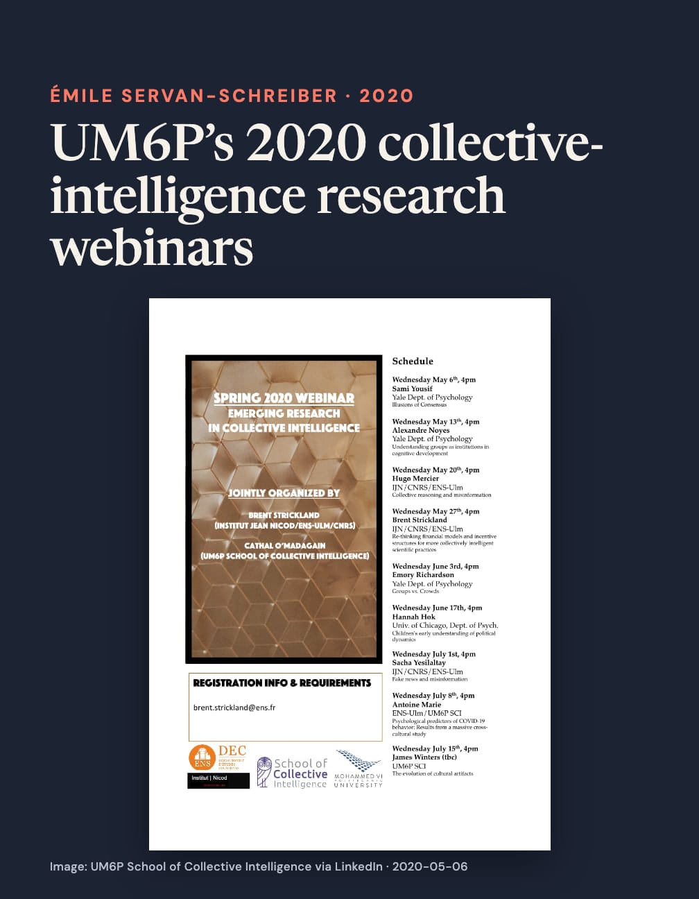 Navy card headed “UM6P’s 2020 collective-intelligence research webinars” above a two-column “Spring 2020 Webinar: Emerging Research in Collective Intelligence” flyer with a speaker schedule from May to July.