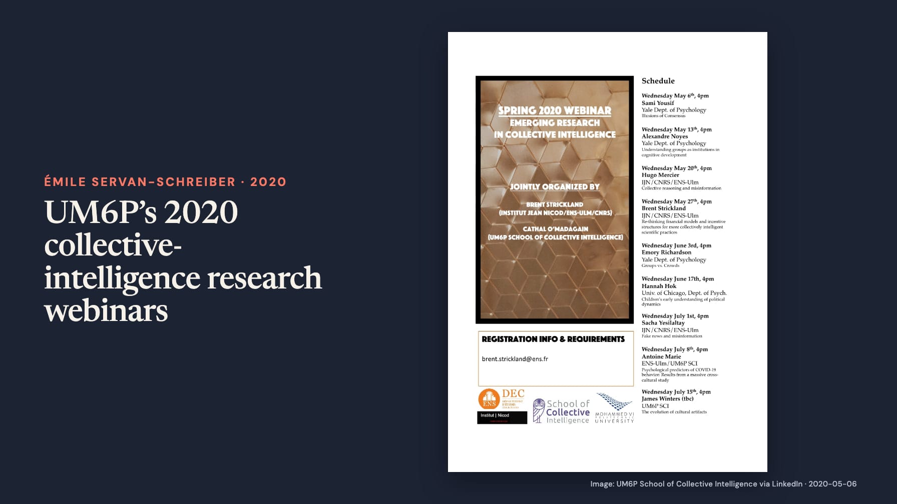Navy cover headed “UM6P’s 2020 collective-intelligence research webinars” beside a two-column “Spring 2020 Webinar: Emerging Research in Collective Intelligence” flyer with a speaker schedule from May to July.