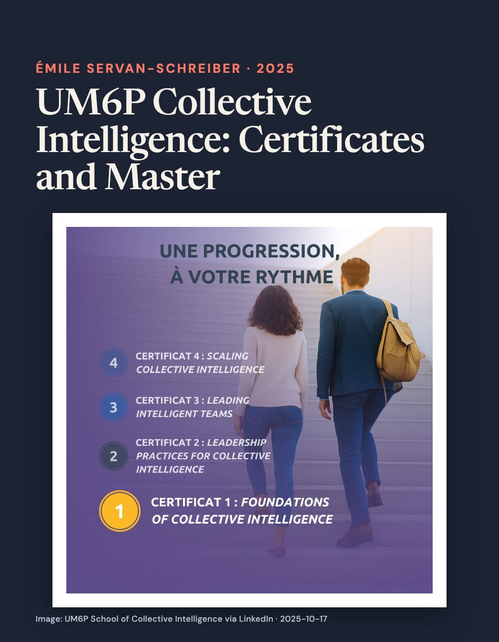 “UM6P Collective Intelligence: Certificates and Master” above a poster showing two people climbing stairs beneath “Une progression, à votre rythme,” with four numbered certificates on navy.