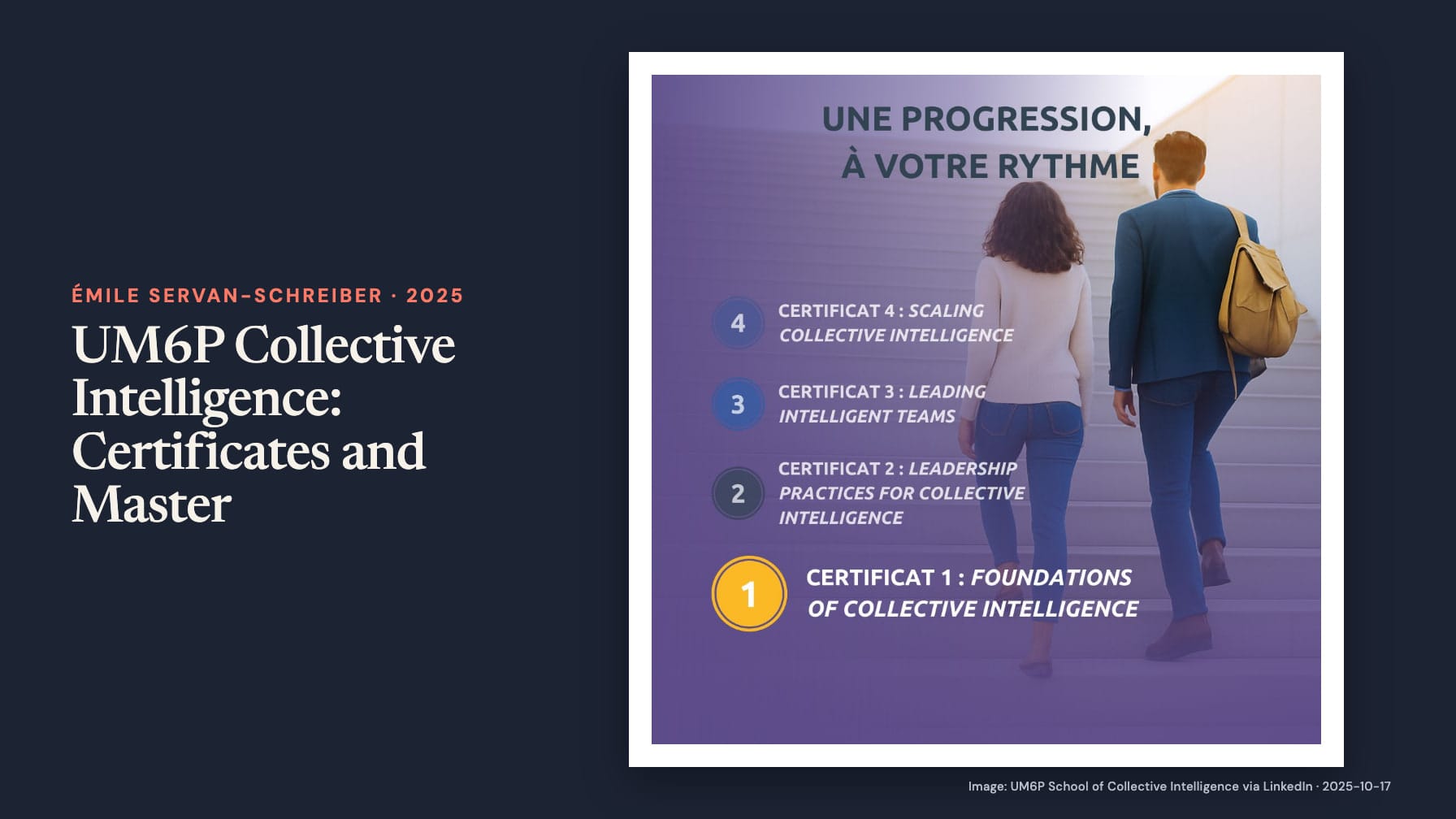 “UM6P Collective Intelligence: Certificates and Master” beside a poster showing two people climbing stairs beneath “Une progression, à votre rythme,” with four numbered certificates on navy.