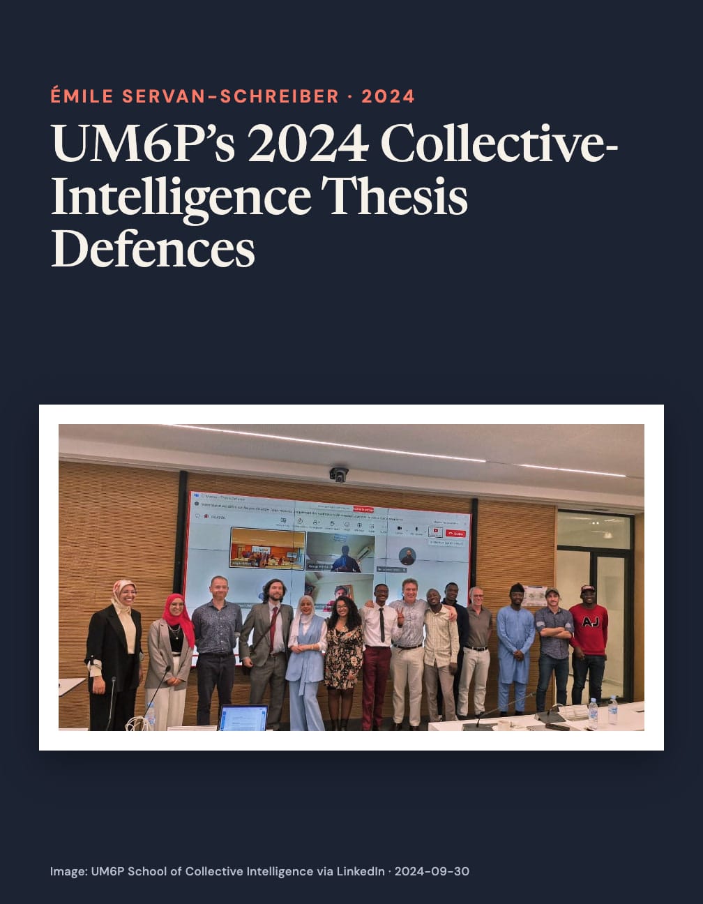 Navy card headed “UM6P’s 2024 Collective-Intelligence Thesis Defences” above a group photo in a classroom before a large video-call screen.