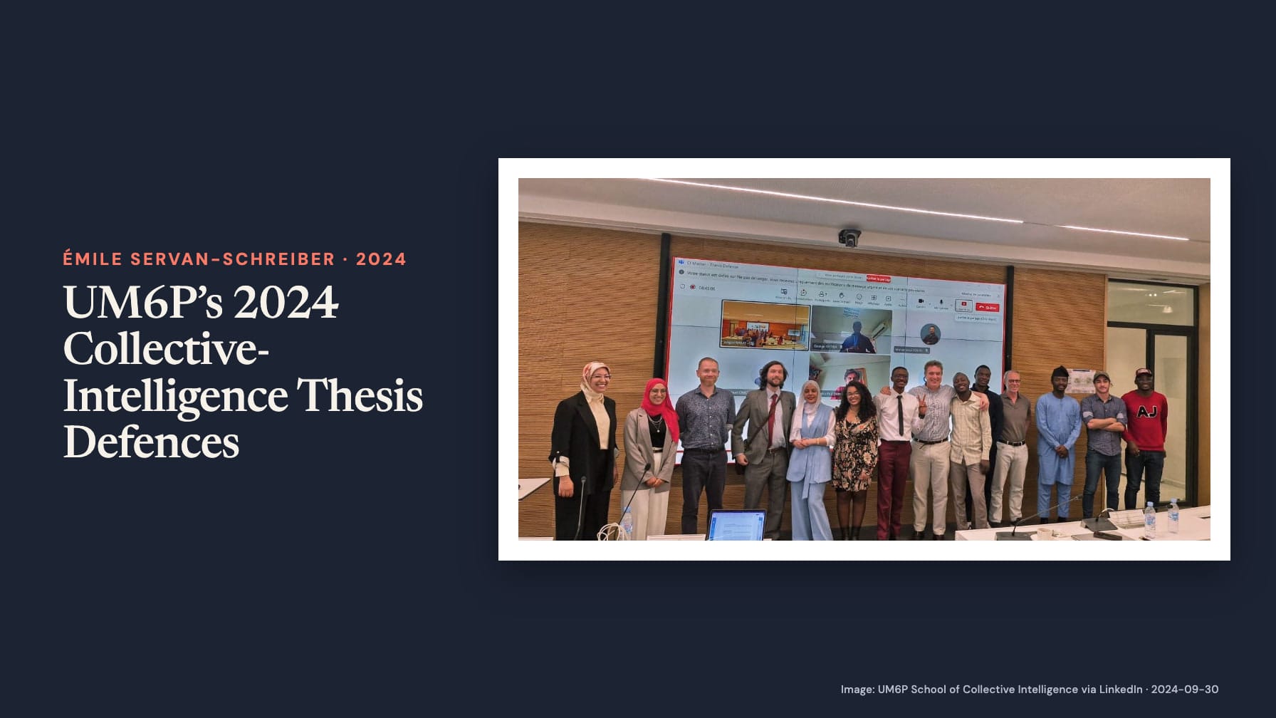 Navy cover headed “UM6P’s 2024 Collective-Intelligence Thesis Defences” beside a group photo in a classroom before a large video-call screen.