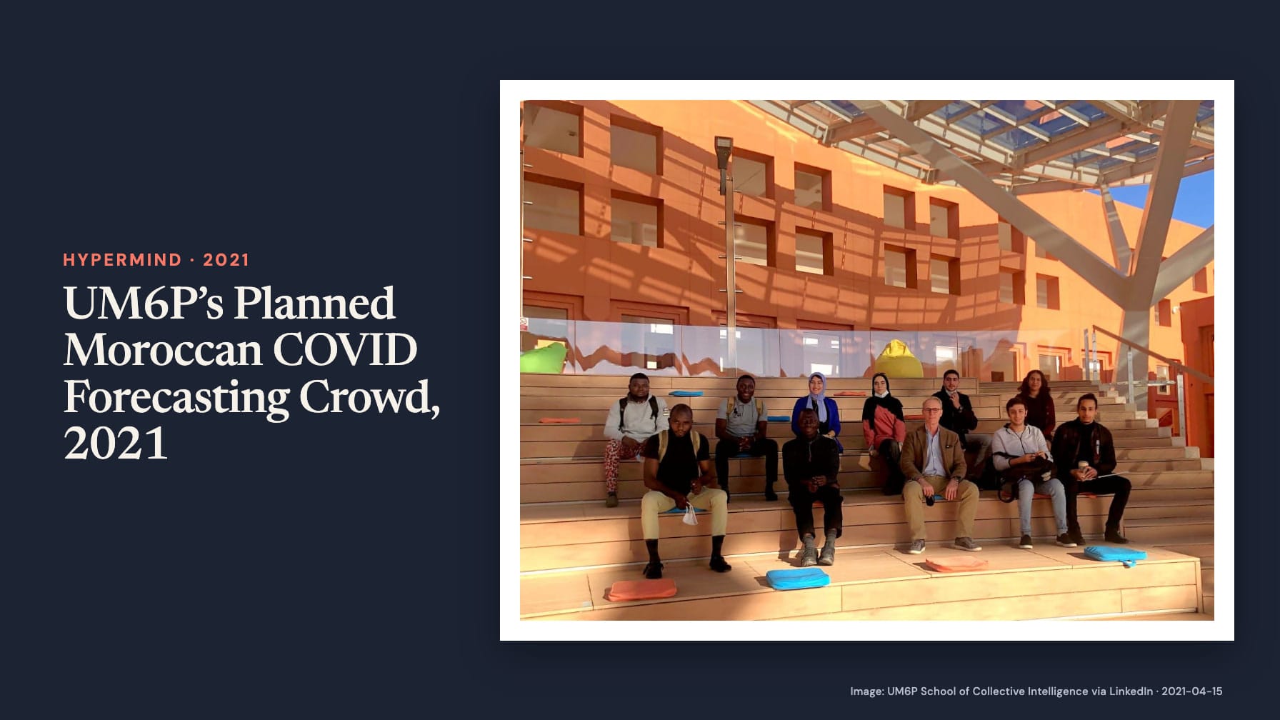 Navy cover headed “UM6P’s Planned Moroccan COVID Forecasting Crowd, 2021” beside a group photo on stepped wooden seating beneath a glass canopy and orange courtyard walls.
