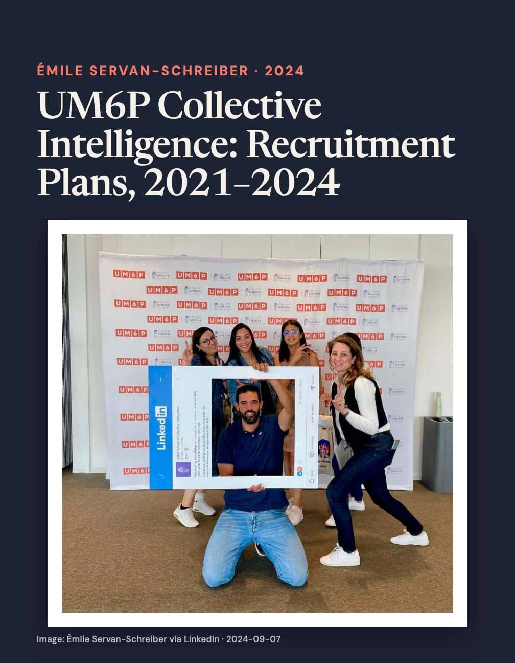 “UM6P Collective Intelligence: Recruitment Plans, 2021–2024” above a photograph of five people posing with a large LinkedIn frame in front of UM6P and School of Collective Intelligence logos on navy.
