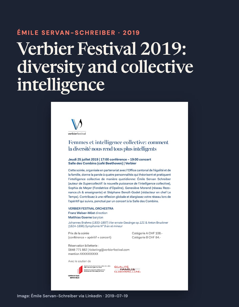 “Verbier Festival 2019: diversity and collective intelligence” above a Verbier Festival flyer headed “Femmes et intelligence collective: comment la diversité nous rend tous plus intelligents,” dated 25 July 2019 on navy.