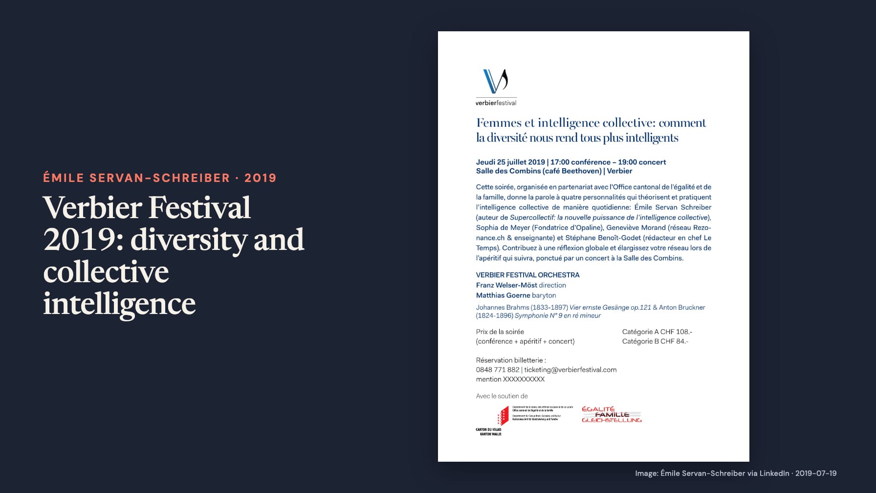 “Verbier Festival 2019: diversity and collective intelligence” beside a Verbier Festival flyer headed “Femmes et intelligence collective: comment la diversité nous rend tous plus intelligents,” dated 25 July 2019 on navy.