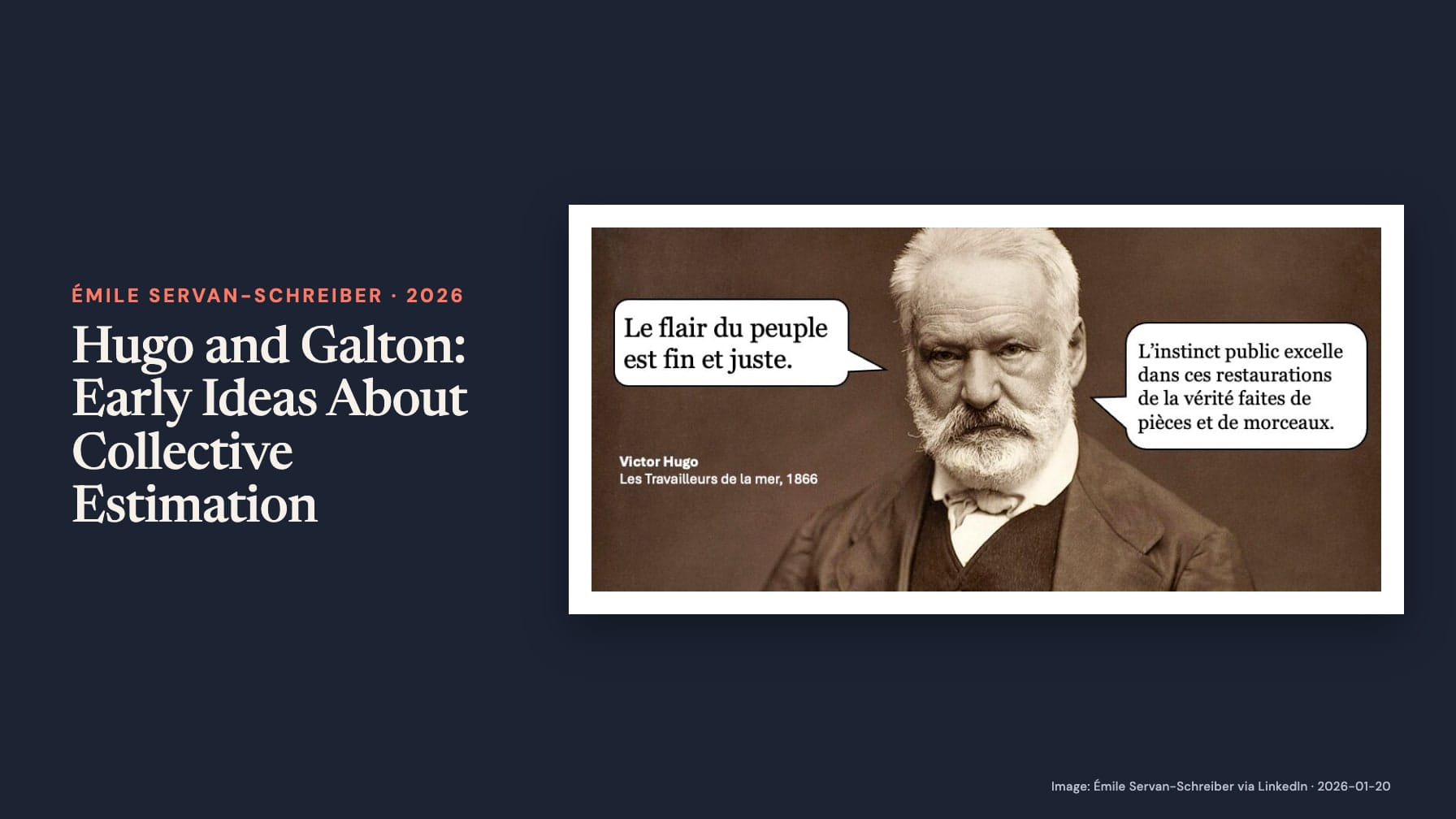 “Hugo and Galton: Early Ideas About Collective Estimation” beside a sepia portrait of Victor Hugo with French speech bubbles, including “Le flair du peuple est fin et juste” on navy.