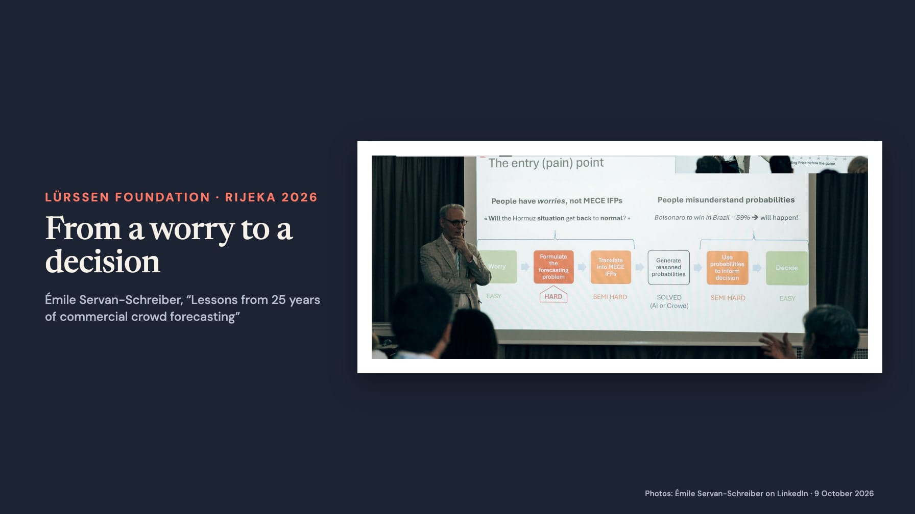 Émile Servan-Schreiber standing beside his slide “The entry (pain) point”, which runs from Worry (easy) through formulating the problem (hard) and generating probabilities (solved, AI or crowd) to Decide (easy), beside the headline “From a worry to a decision”.