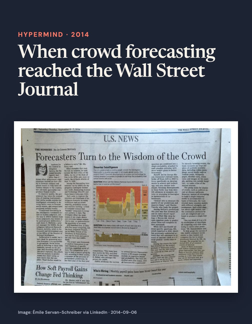 Navy card headed “When crowd forecasting reached the Wall Street Journal” above a photographed Wall Street Journal page headed “Forecasters Turn to the Wisdom of the Crowd,” with columns of text and charts.