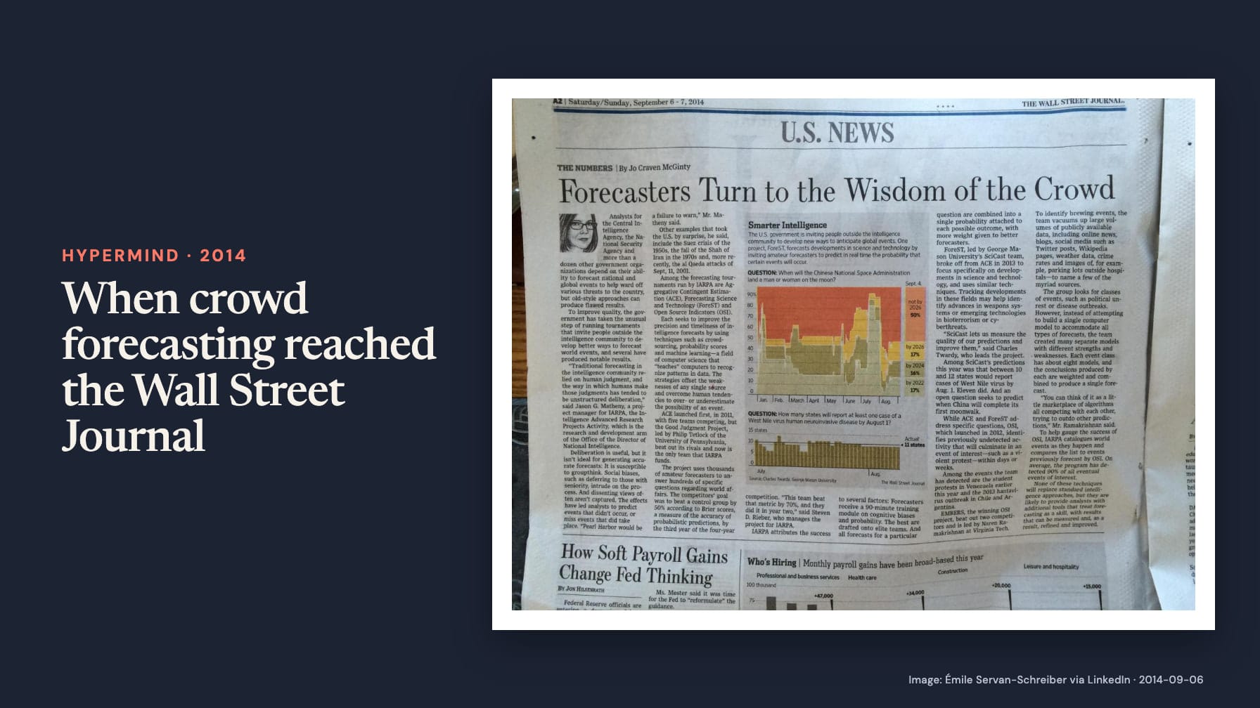 Navy cover headed “When crowd forecasting reached the Wall Street Journal” beside a photographed Wall Street Journal page headed “Forecasters Turn to the Wisdom of the Crowd,” with columns of text and charts.